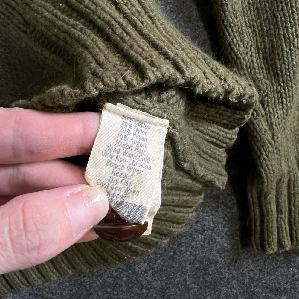 Fossil Mens Olive Green Fair Isle Mock Neck Button Sweater Large Cotton Angora